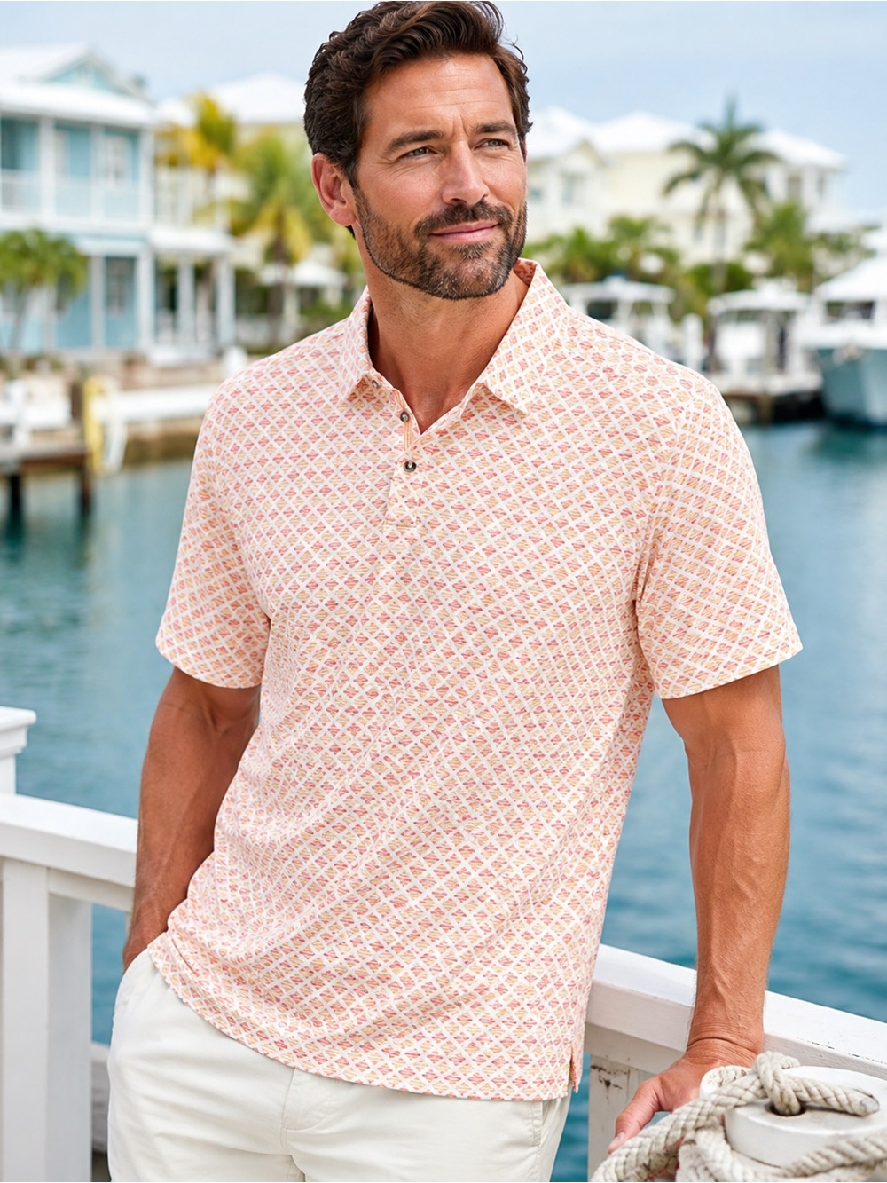Tommy Bahama Desert Diamond Stretch Cotton Polo Shirt Large Orange White